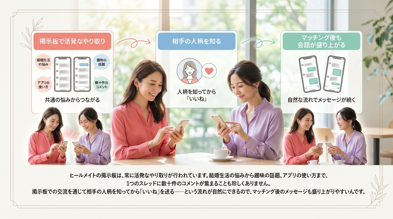 掲示板機能で共通の悩みから関係構築できる